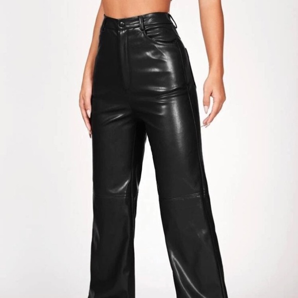 Solid PU Leather Black Straight Leg Pants - Picture 2 of 5